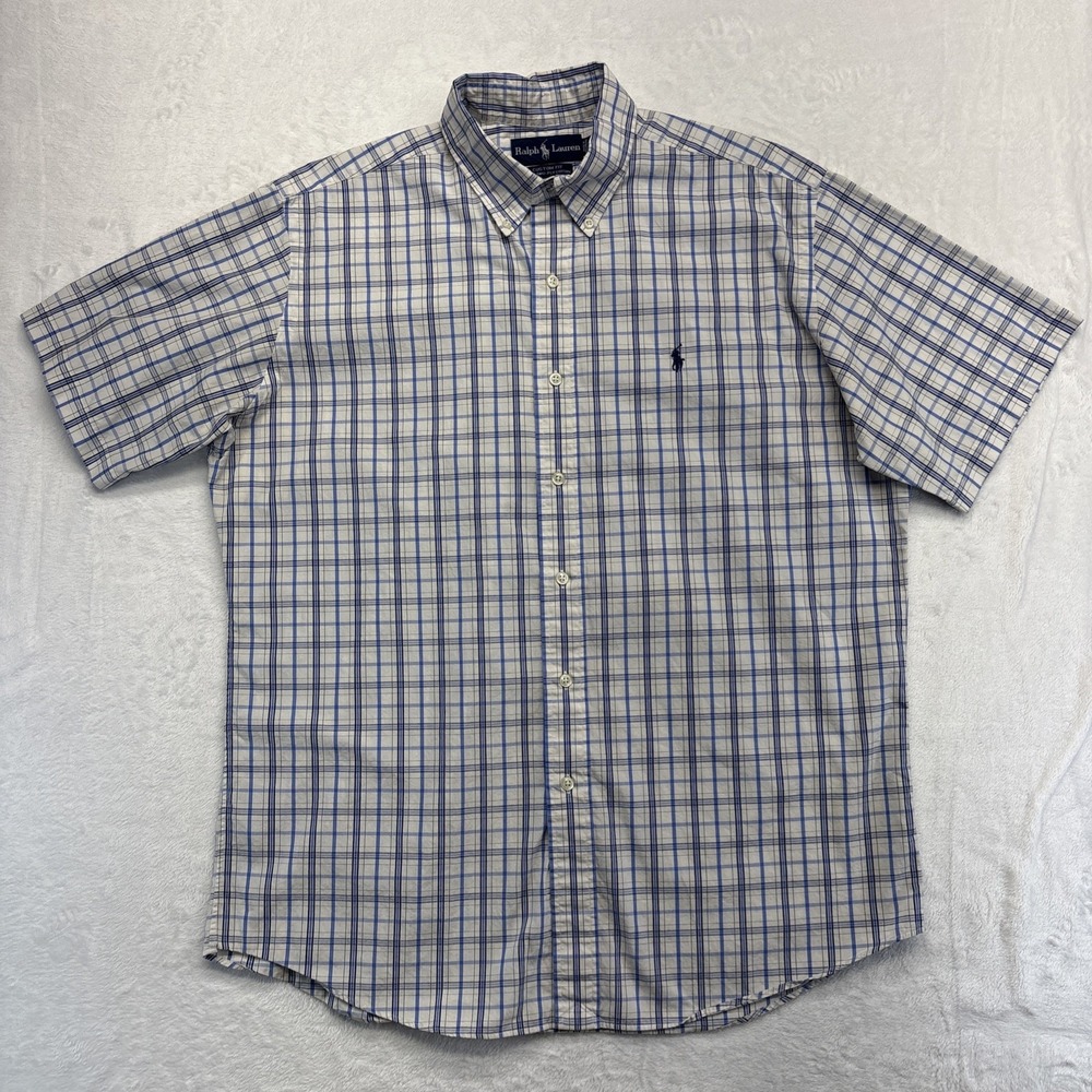 Ralph Lauren Shirt Mens Large White/Blue Plaid Short Sleeve Button Down